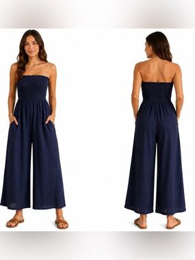 NWT Love Tree Navy Strapless Smocked Wide Leg Jumpsuit Size L